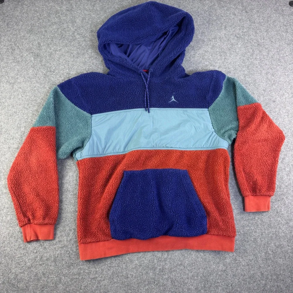 Jordan Mens Sherpa Fleece Colorblock Hoodie Blue Orange Teal Jumpman Large